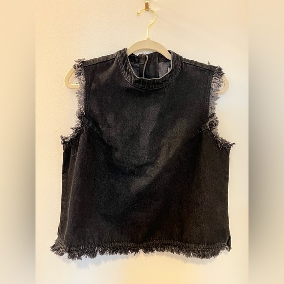 GAP 1969 Black Denim Mock Neck Frayed Raw Hem Jean Shell Sleeveless Tank, Size M - Picture 3 of 8